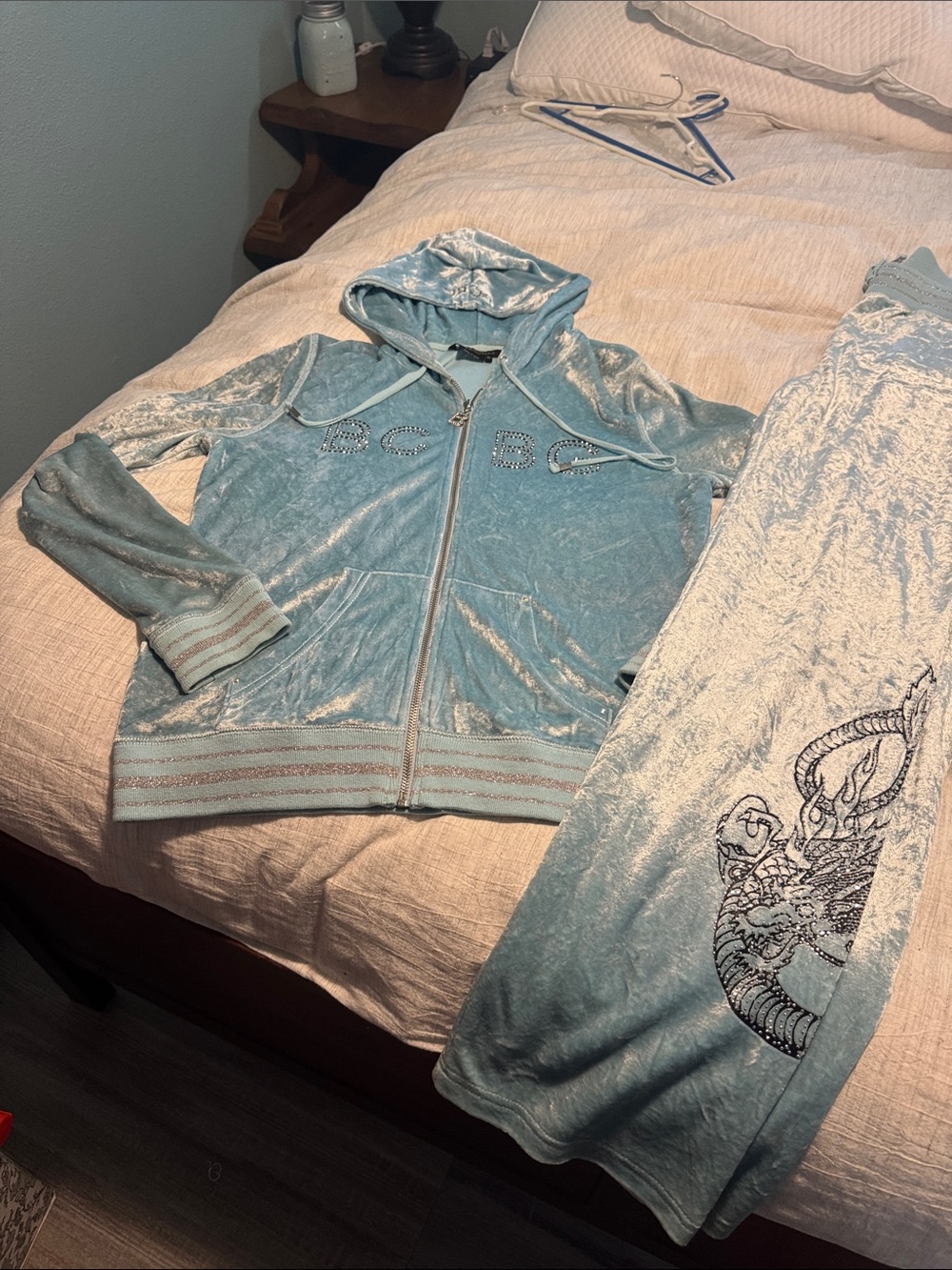 BCBGMaxAzria Light Blue Velour Zip Hoodie jogger set